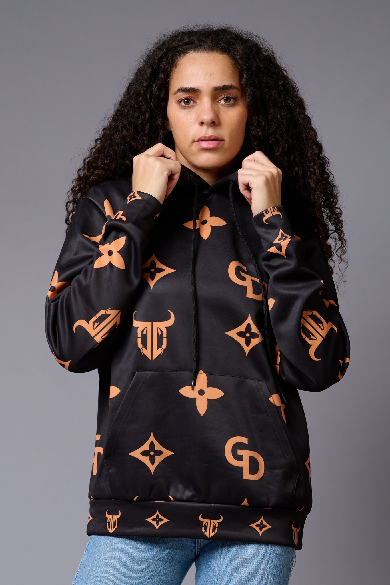 GD Logo (in orange)Printed Black Hoodie for Women - Go Devil