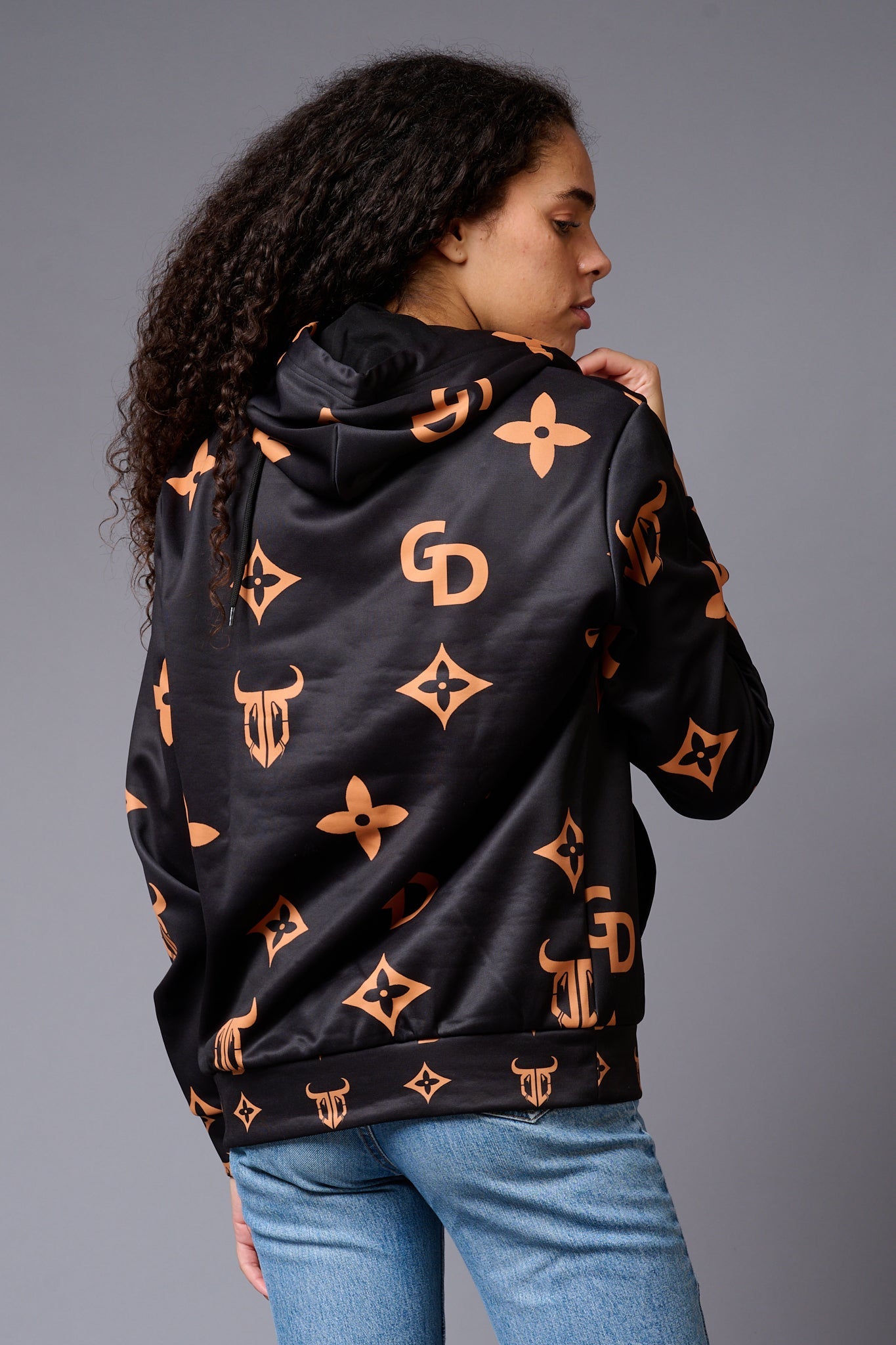 GD Logo (in orange)Printed Black Hoodie for Women - Go Devil