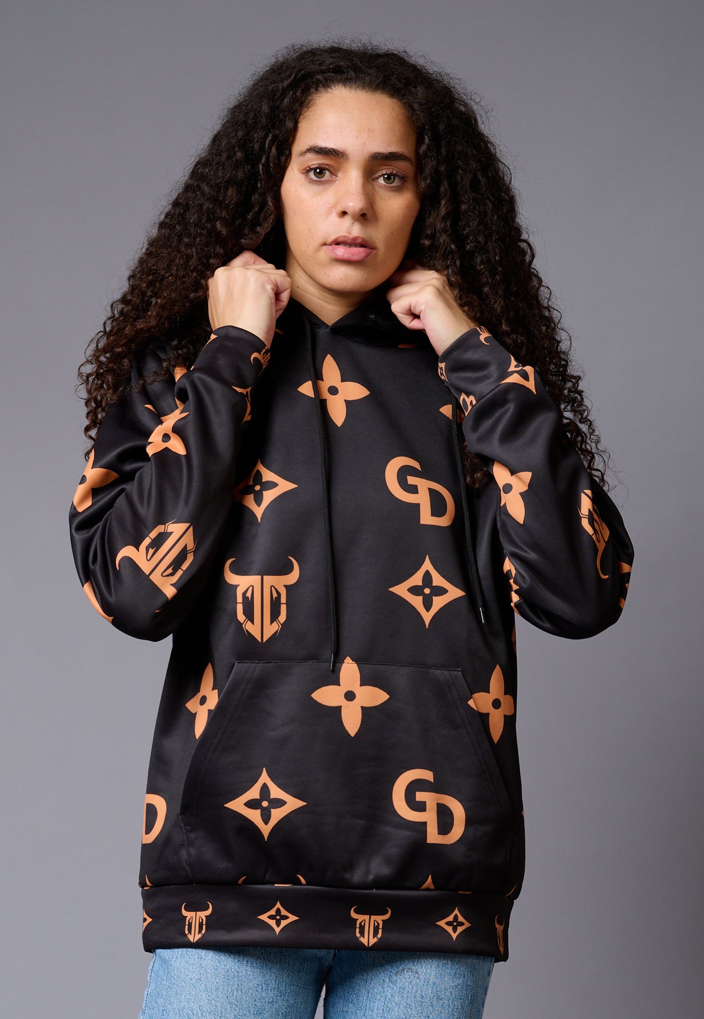 GD Logo (in orange)Printed Black Hoodie for Women - Go Devil