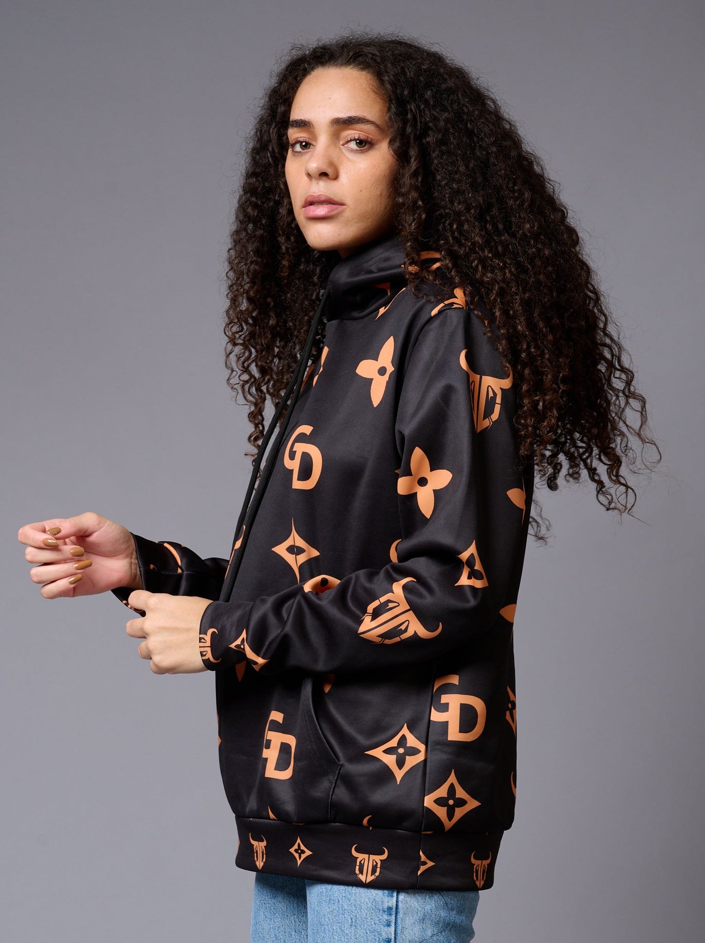 GD Logo (in orange)Printed Black Hoodie for Women - Go Devil