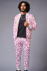 GD Logo (in red) Printed White Bomber Style Jacket with Pant Co-ord Set for Men - Go Devil
