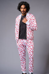 GD Logo (in red) Printed White Bomber Style Jacket with Pant Co-ord Set for Men - Go Devil
