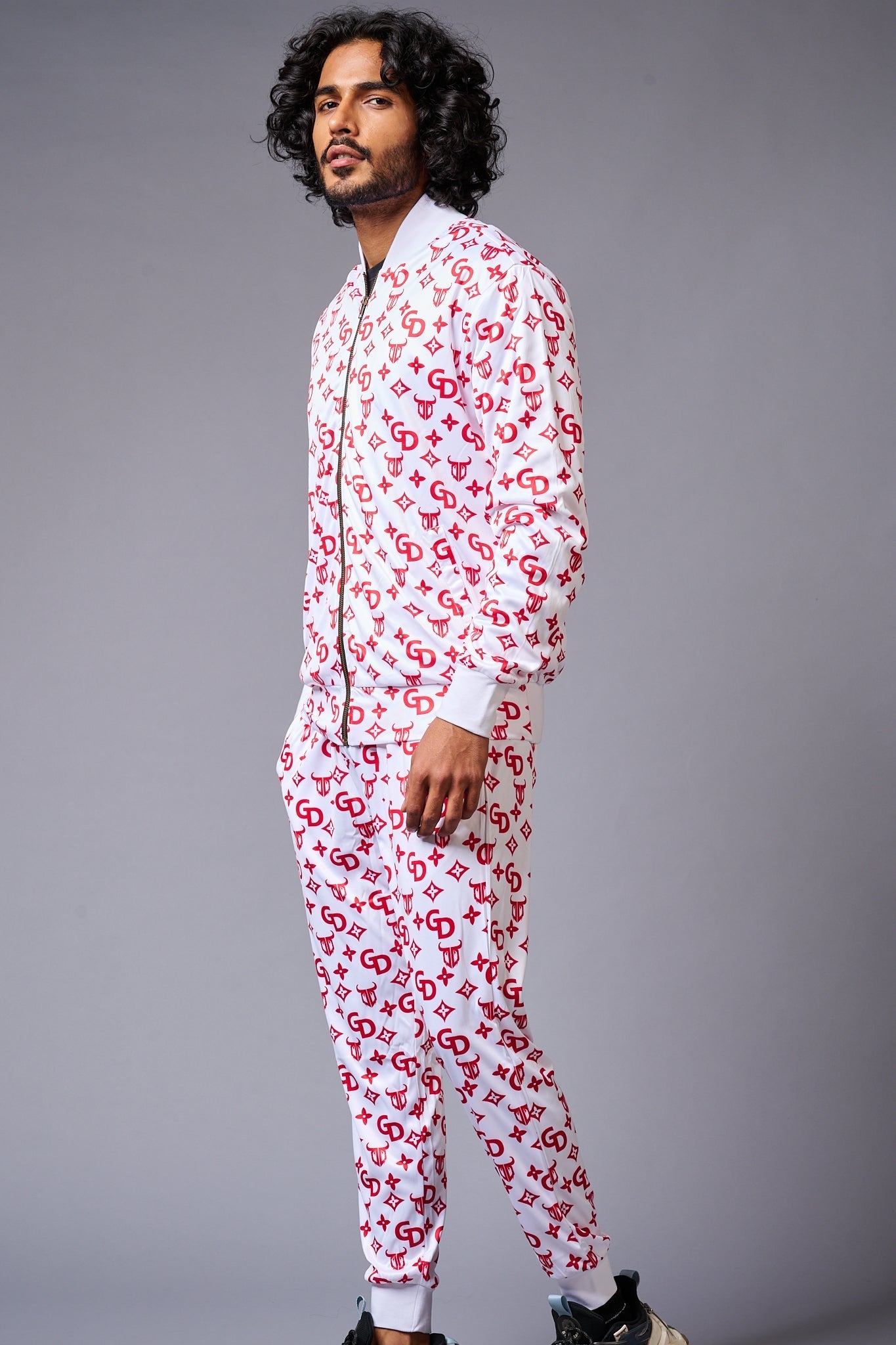 GD Logo (in red) Printed White Bomber Style Jacket with Pant Co-ord Set for Men - Go Devil