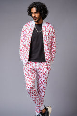 GD Logo (in red) Printed White Bomber Style Jacket with Pant Co-ord Set for Men - Go Devil