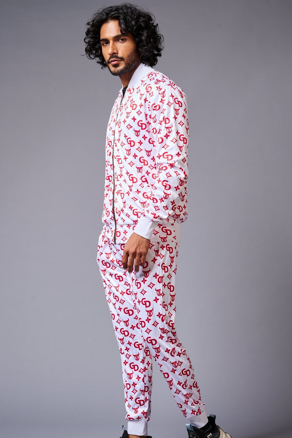 GD Logo (in red) Printed White Bomber Style Jacket with Pant Co-ord Set for Men - Go Devil