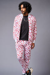 GD Logo (in red) Printed White Bomber Style Jacket with Pant Co-ord Set for Men - Go Devil