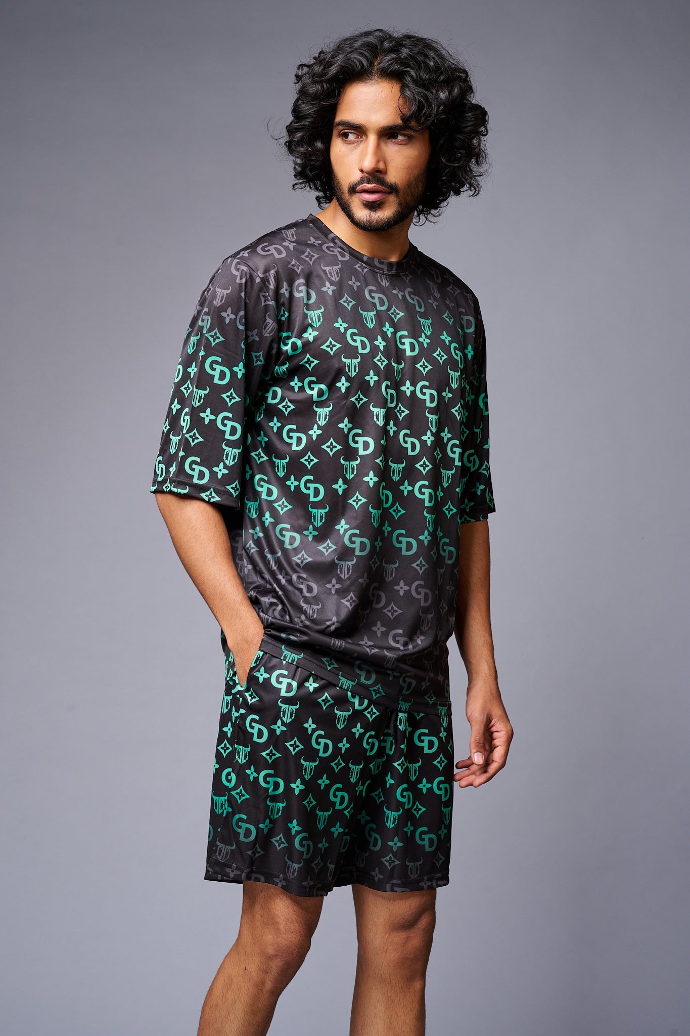 GD Printed (Green Gradient) Black Co-ord Set for Men - Go Devil
