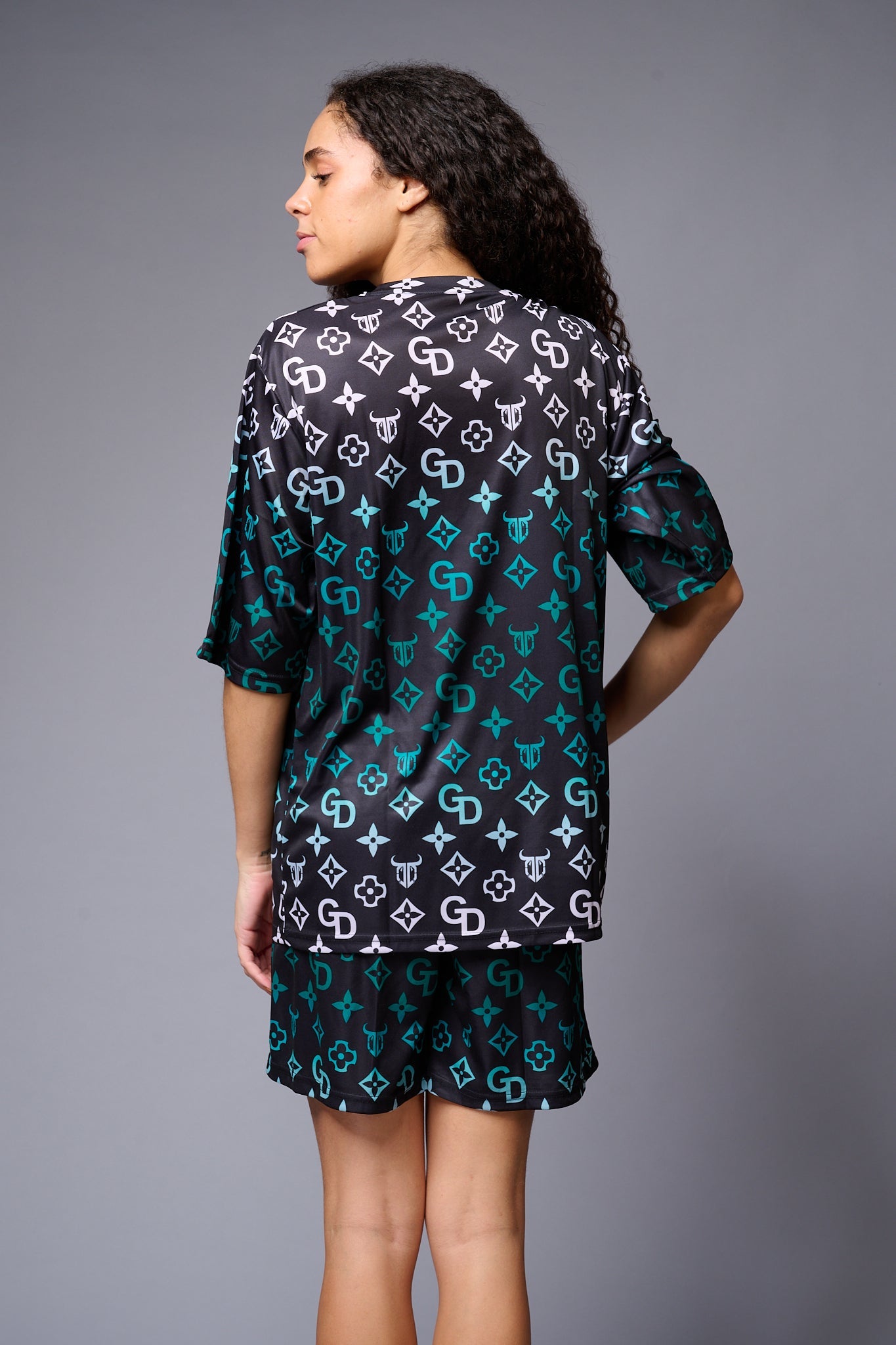 GD Printed (Green & Whtie) Black Co-ord Set for Women - Go Devil