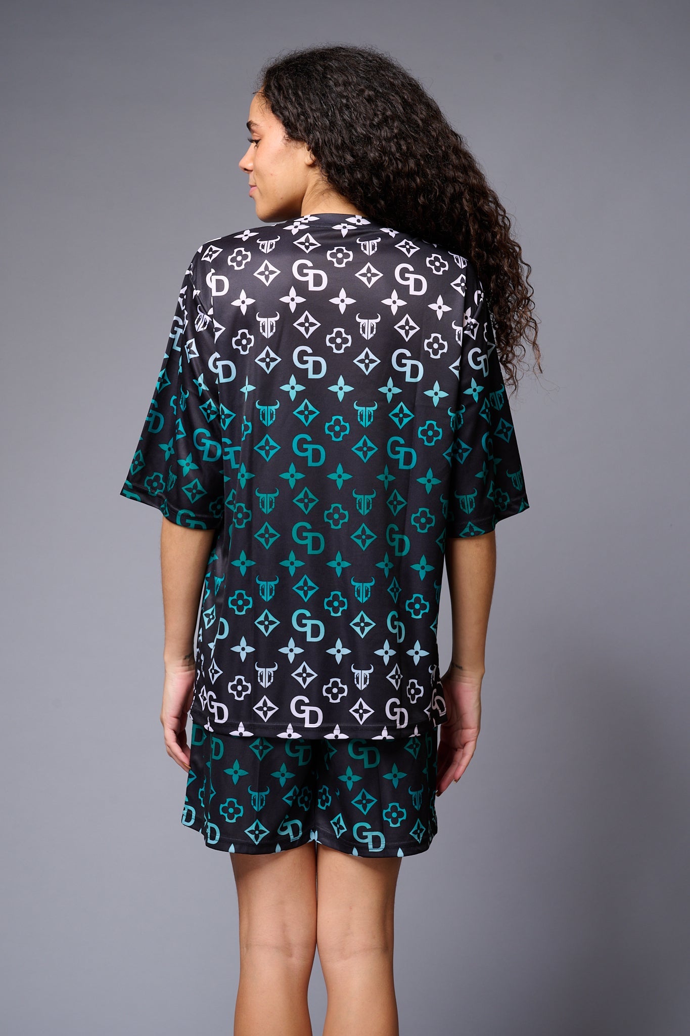 GD Printed (Green & Whtie) Black Co-ord Set for Women - Go Devil
