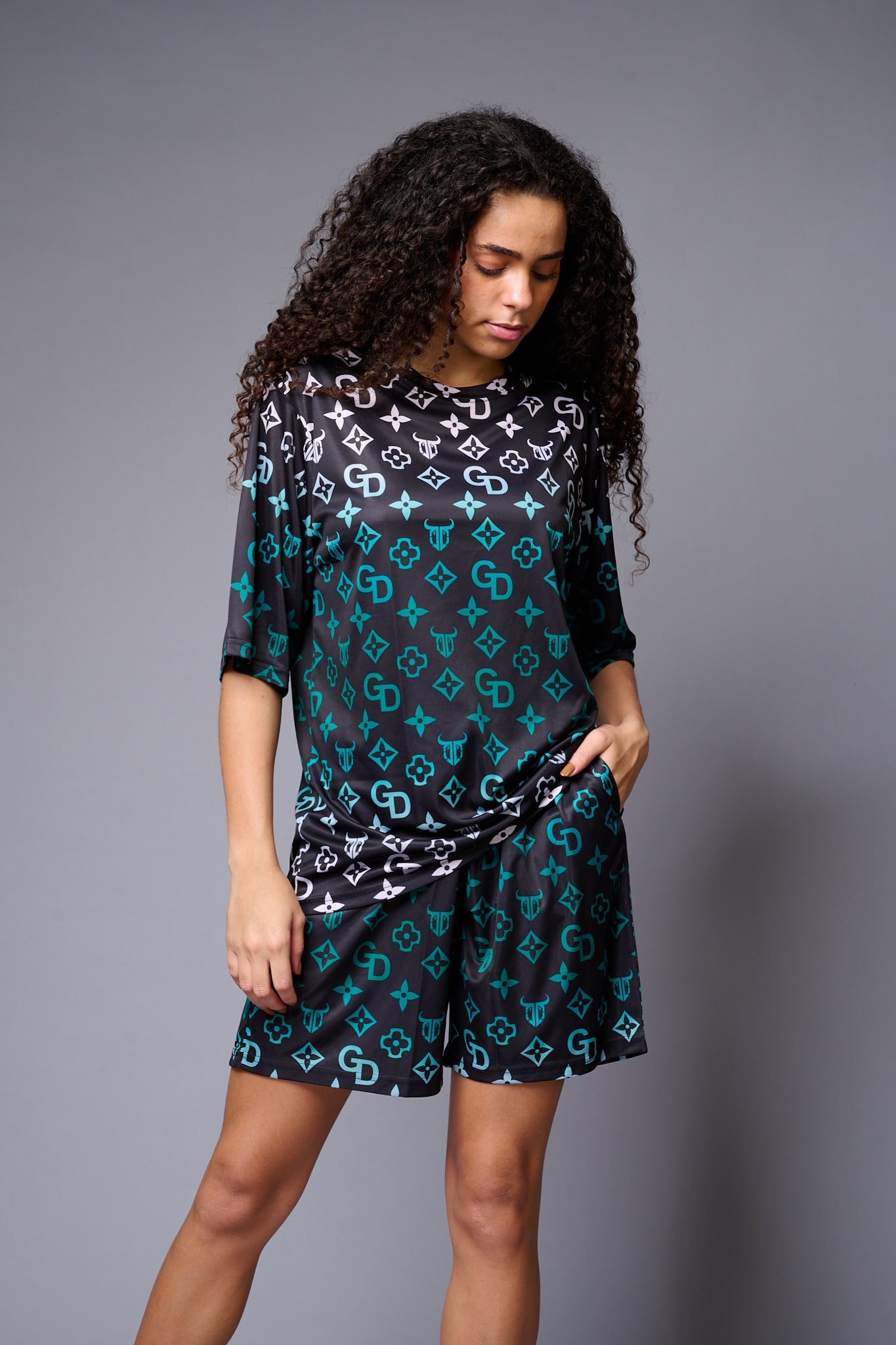 GD Printed (Green & Whtie) Black Co-ord Set for Women - Go Devil