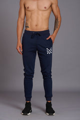 G/D Printed Navy Blue Cotton Joggers for Men - Go Devil