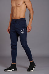 G/D Printed Navy Blue Cotton Joggers for Men - Go Devil