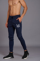 G/D Printed Navy Blue Cotton Joggers for Men - Go Devil