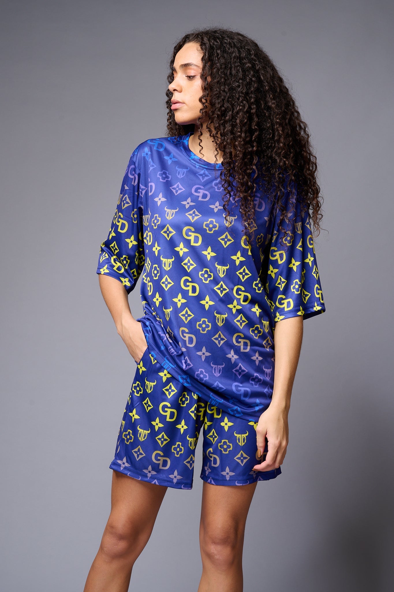 GD Printed (Yellow) Gradient Blue Co-ord Set for Women - Go Devil