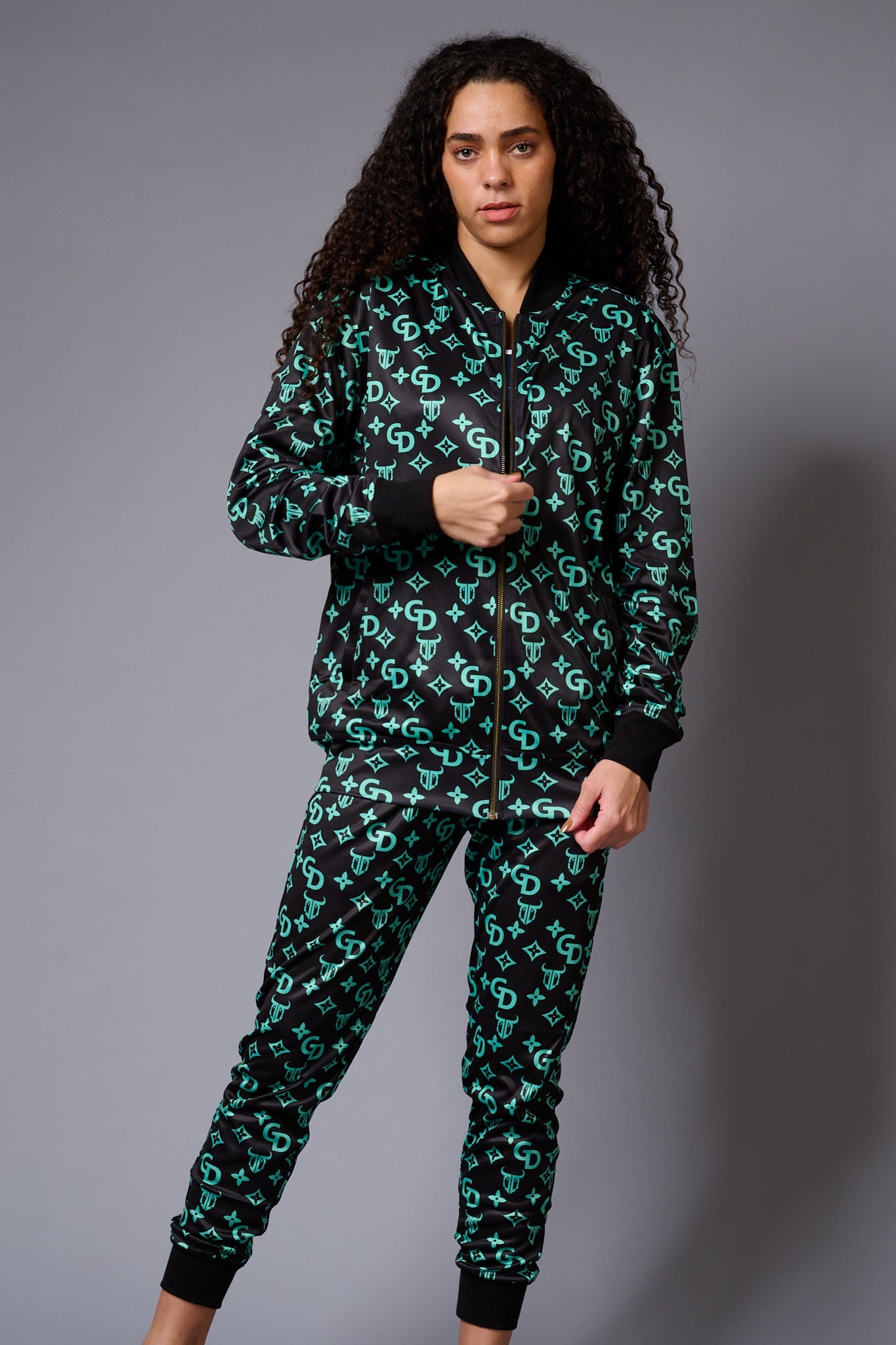 GD with Logo (in Green) Printed Black Bomber Jacket Style with Pants Co-ord Set for Women - Go Devil
