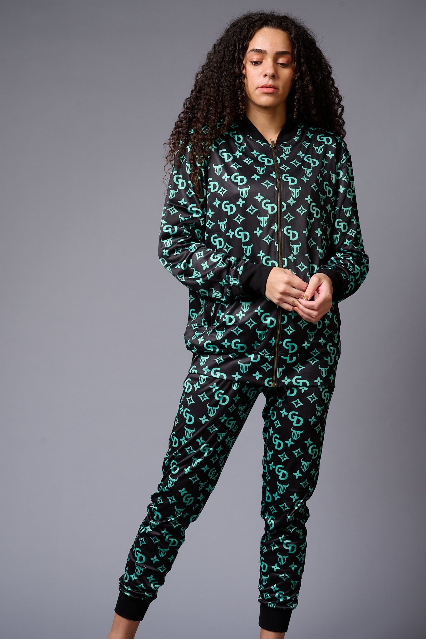 GD with Logo (in Green) Printed Black Bomber Jacket Style with Pants Co-ord Set for Women - Go Devil