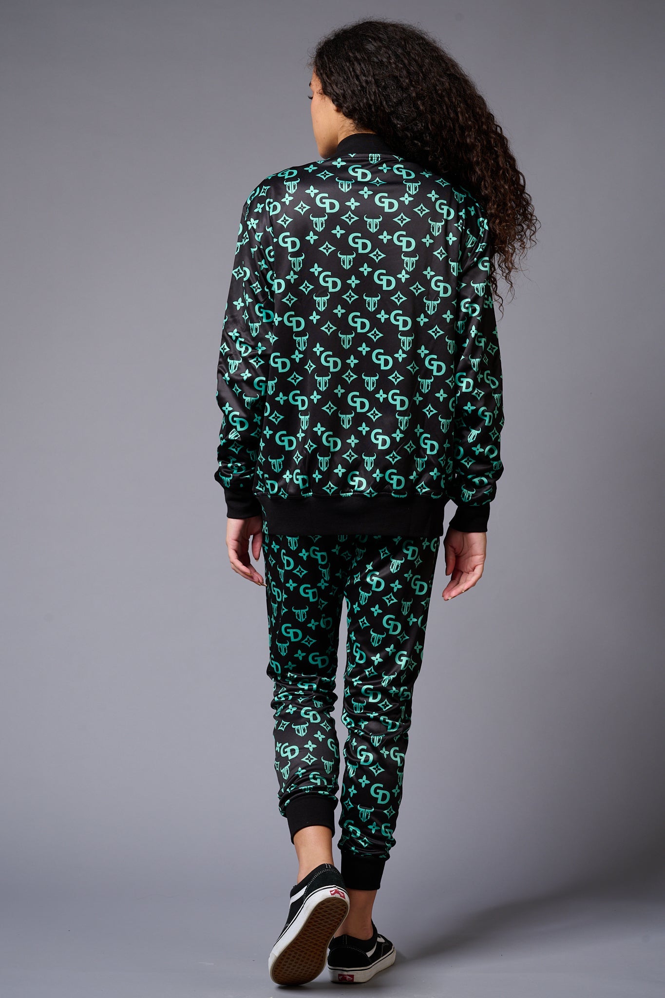 GD with Logo (in Green) Printed Black Bomber Jacket Style with Pants Co-ord Set for Women - Go Devil