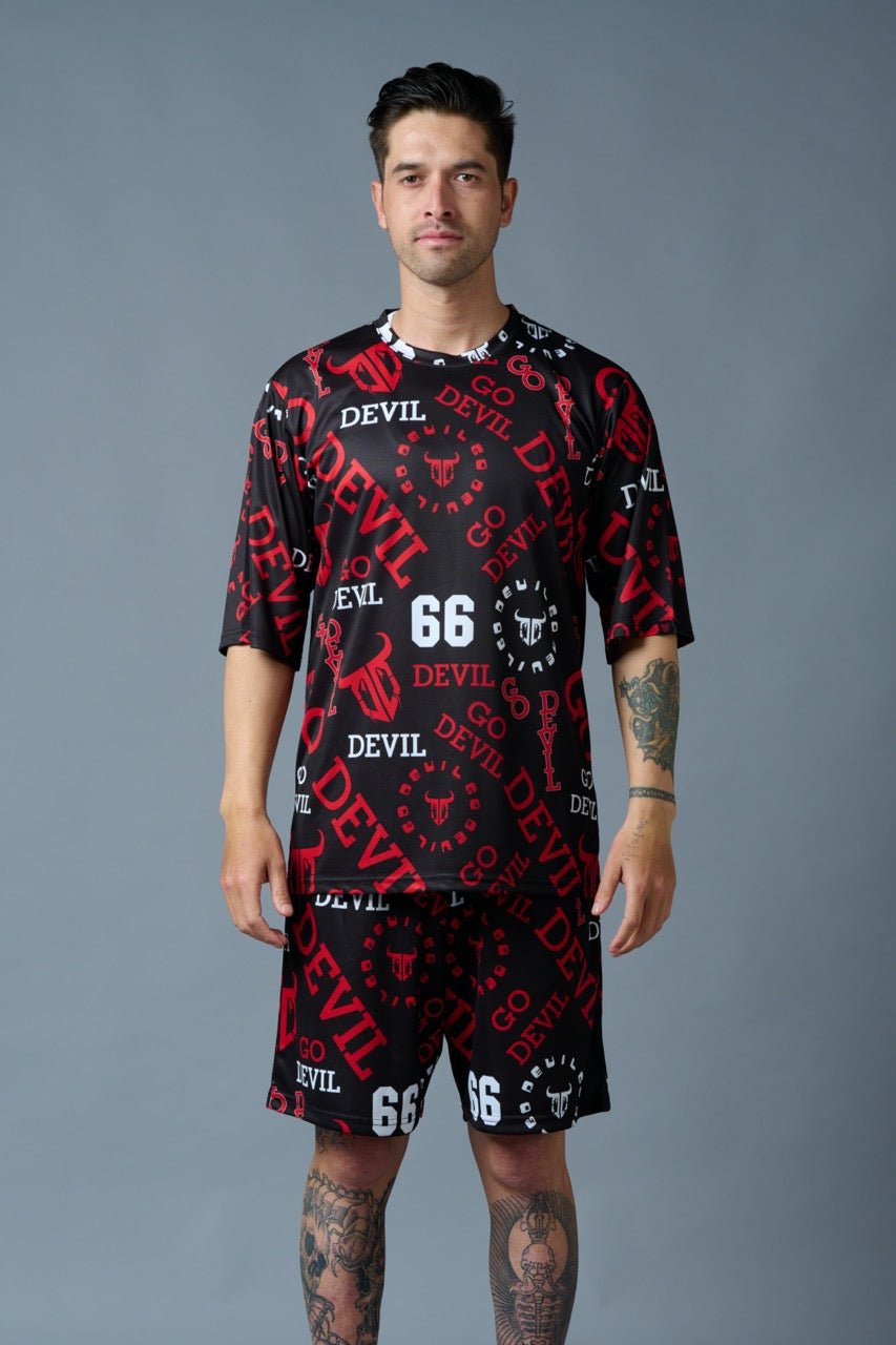 Go Devil 66 All over print (in Red) Black Polyester Co-ord Set for Men - Go Devil