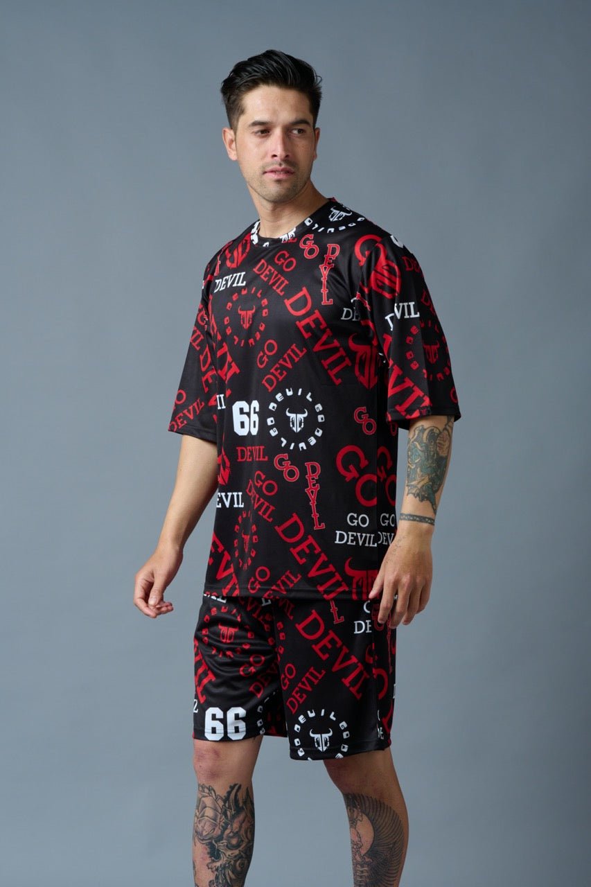 Go Devil 66 All over print (in Red) Black Polyester Co-ord Set for Men - Go Devil