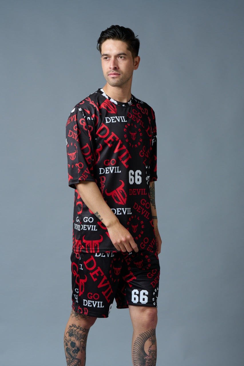 Go Devil 66 All over print (in Red) Black Polyester Co-ord Set for Men - Go Devil