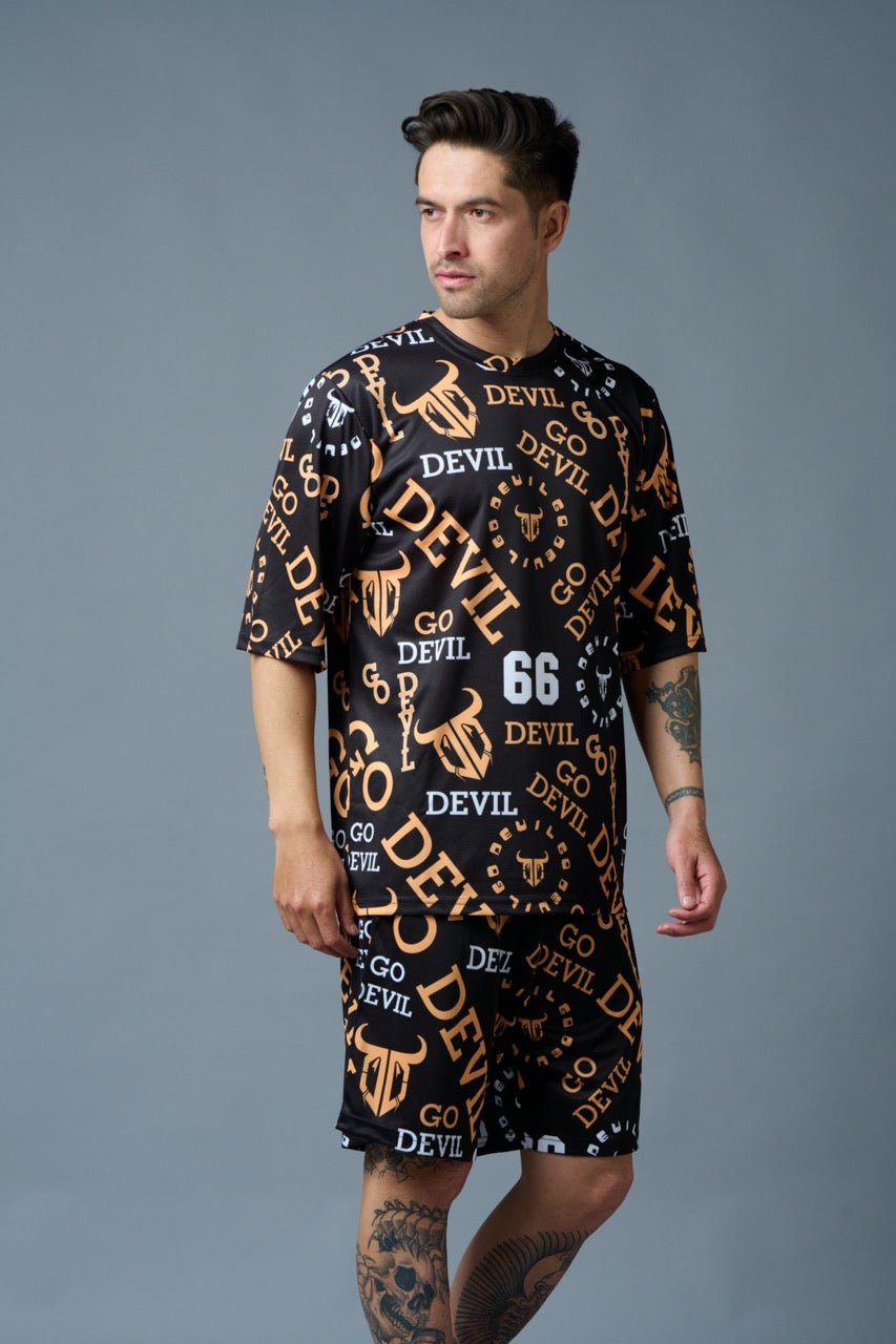 Go Devil 66 (in Musturd) All over Printed Black Polyester Co-ord Set for Men - Go Devil