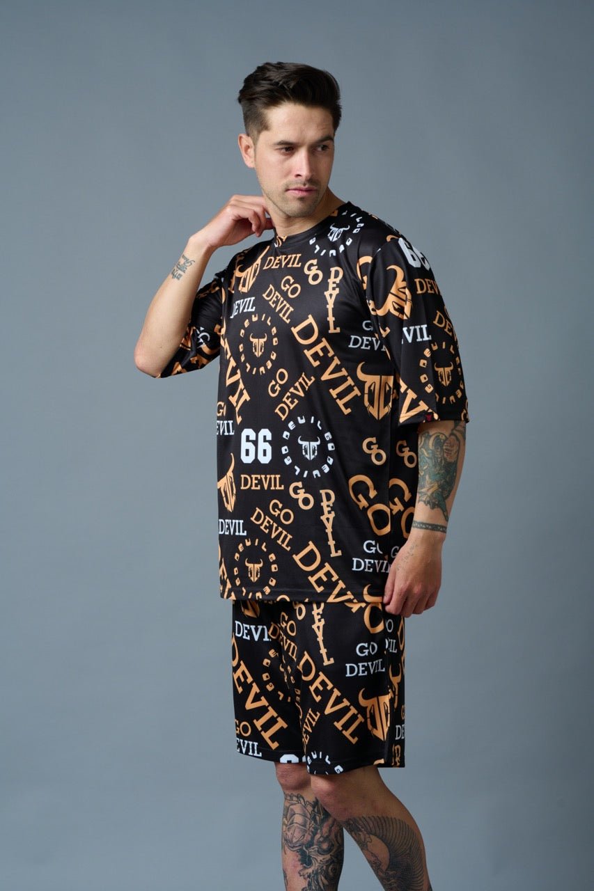 Go Devil 66 (in Musturd) All over Printed Black Polyester Co-ord Set for Men - Go Devil