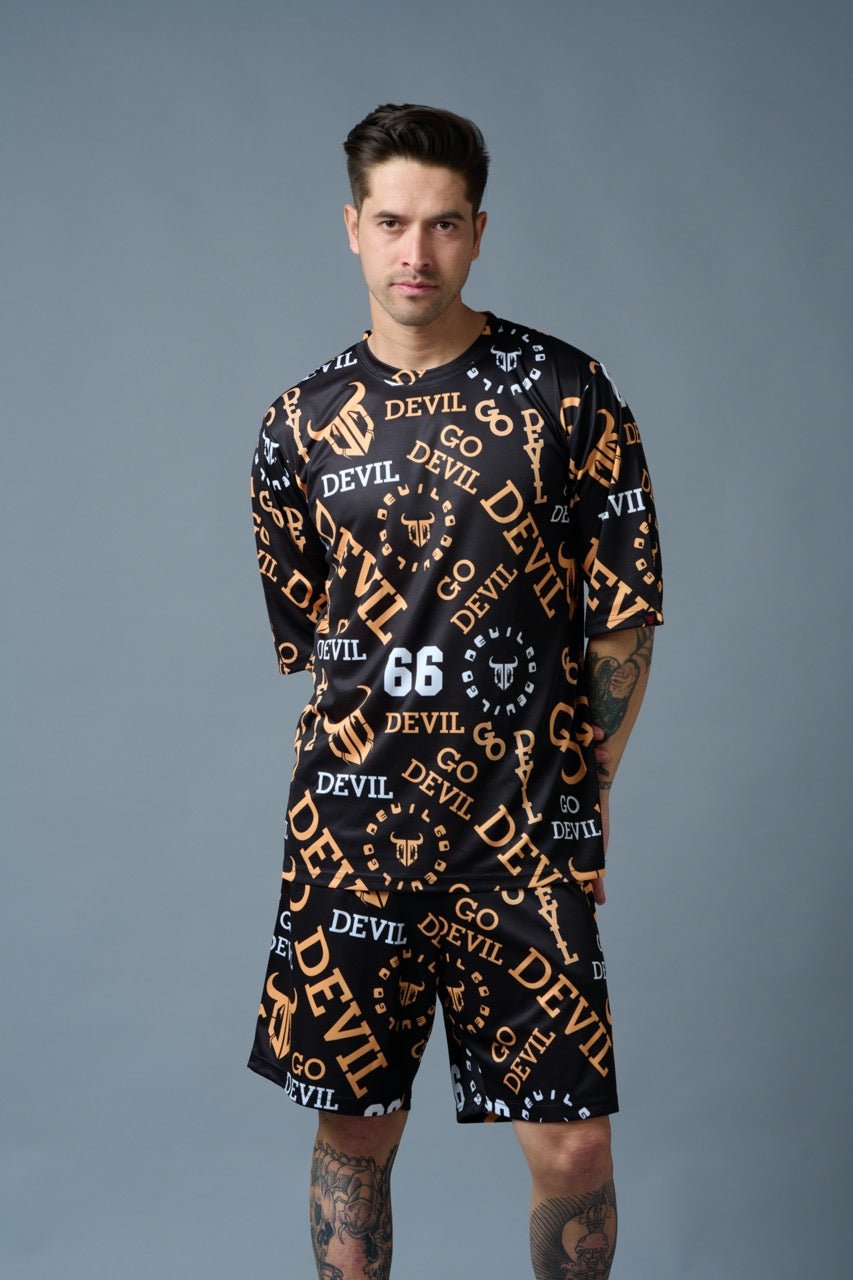 Go Devil 66 (in Musturd) All over Printed Black Polyester Co-ord Set for Men - Go Devil