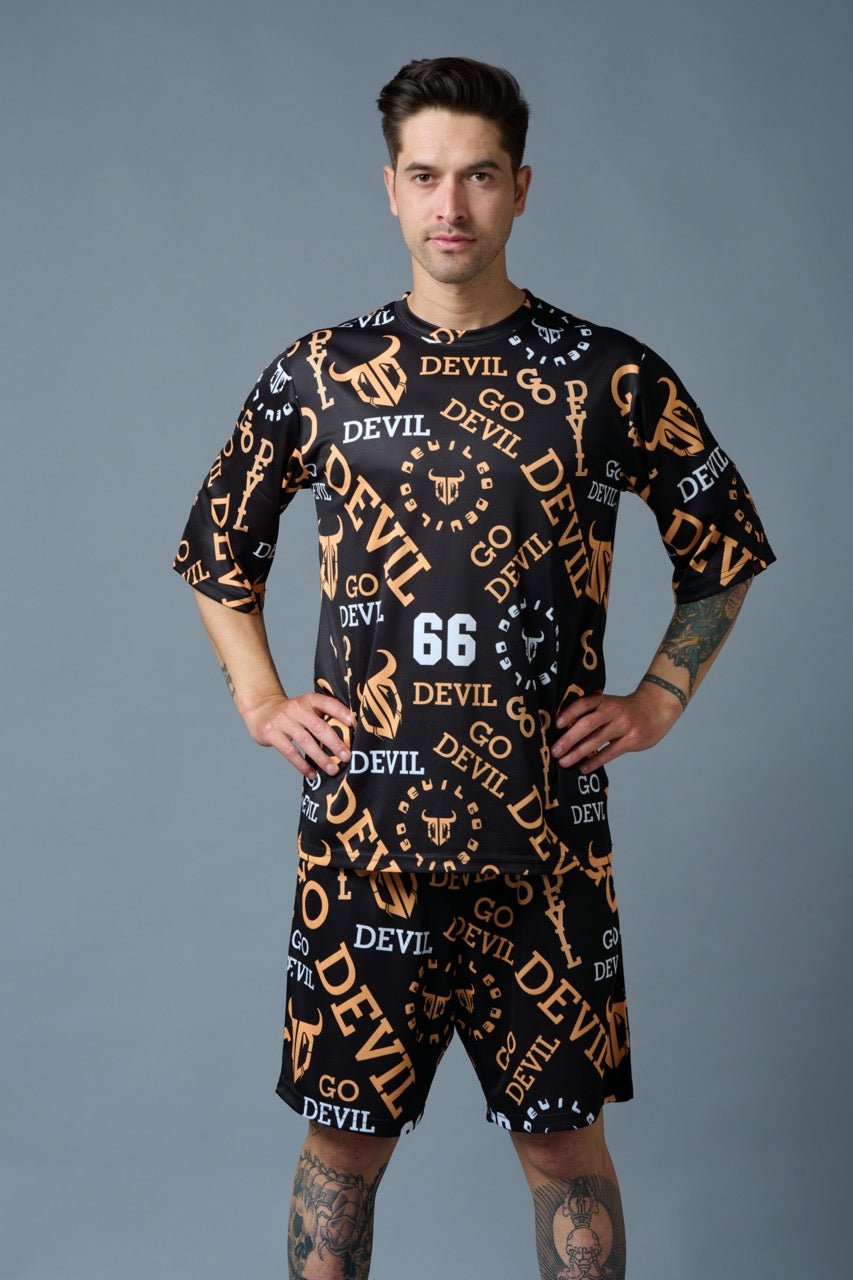 Go Devil 66 (in Musturd) All over Printed Black Polyester Co-ord Set for Men - Go Devil