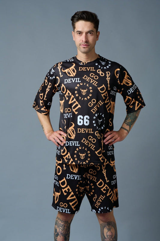 Go Devil 66 (in Musturd) All over Printed Black Polyester Co-ord Set for Men - Go Devil 853