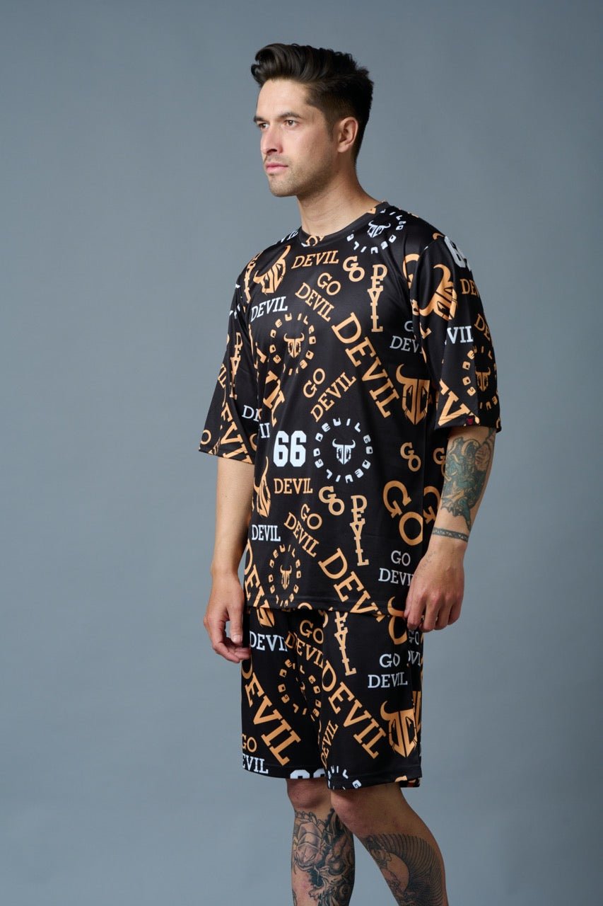 Go Devil 66 (in Musturd) All over Printed Black Polyester Co-ord Set for Men - Go Devil