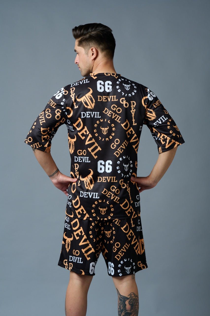 Go Devil 66 (in Musturd) All over Printed Black Polyester Co-ord Set for Men - Go Devil