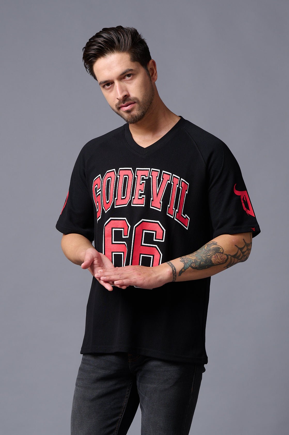 Go Devil 66 (in Red) Printed Black Oversized T-Shirt for Men - Go Devil
