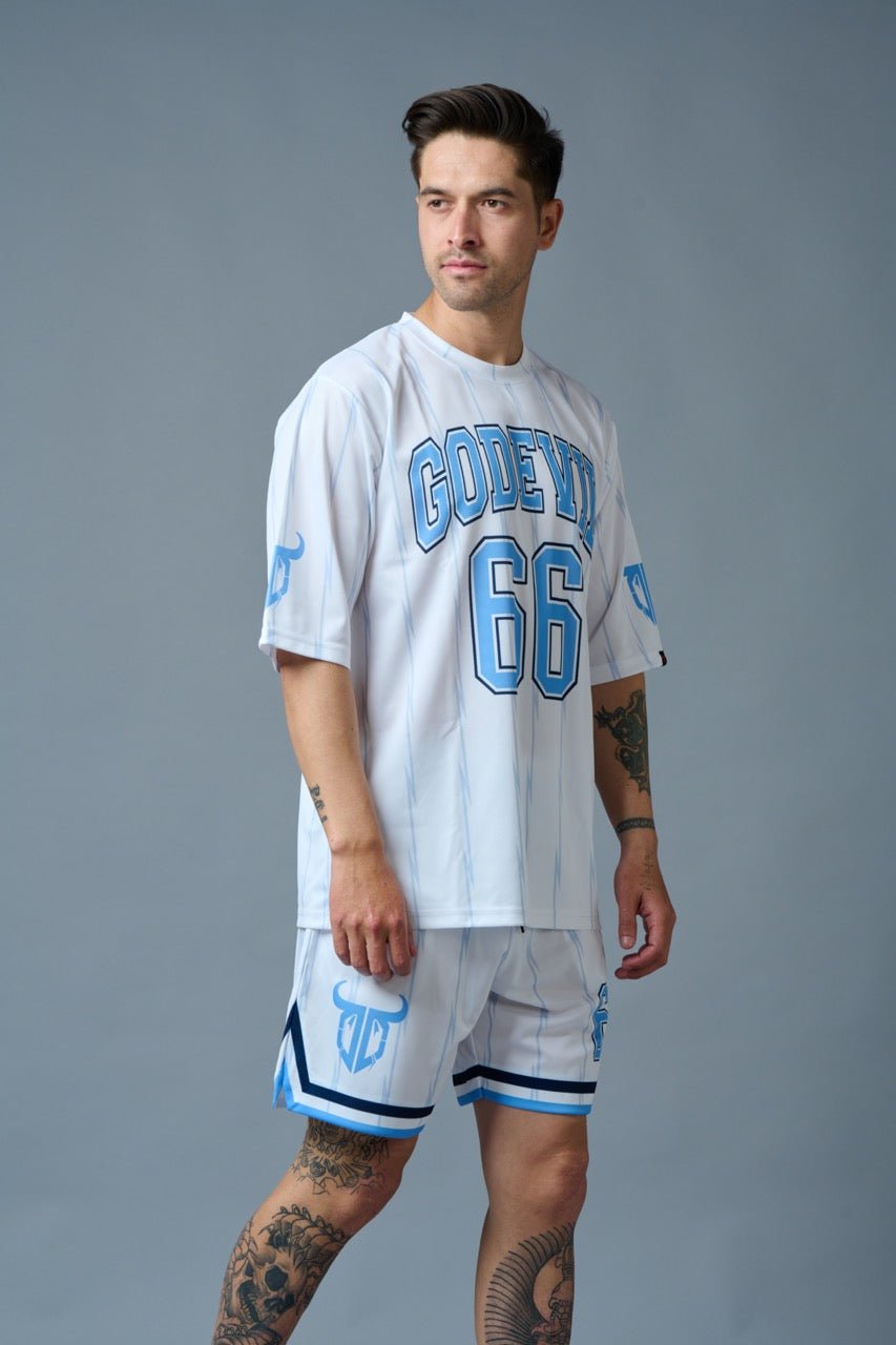 Go Devil 66 (in Sky Blue) Printed Stripes White Polyester Co-ord Set for Men - Go Devil