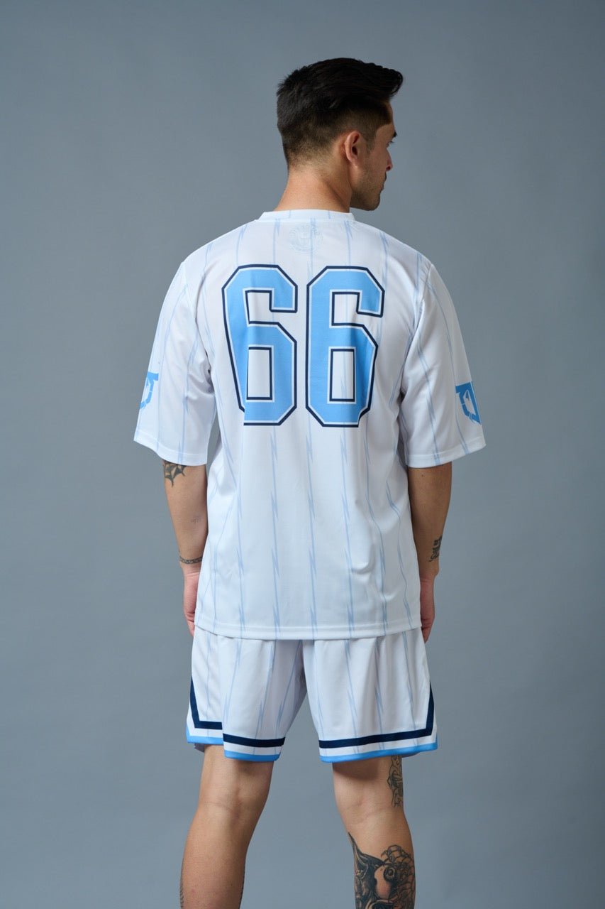 Go Devil 66 (in Sky Blue) Printed Stripes White Polyester Co-ord Set for Men - Go Devil