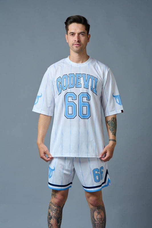 Go Devil 66 (in Sky Blue) Printed Stripes White Polyester Co-ord Set for Men - Go Devil 853