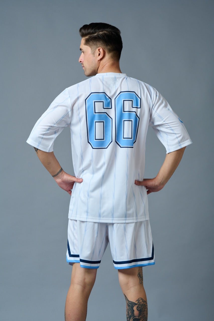 Go Devil 66 (in Sky Blue) Printed Stripes White Polyester Co-ord Set for Men - Go Devil