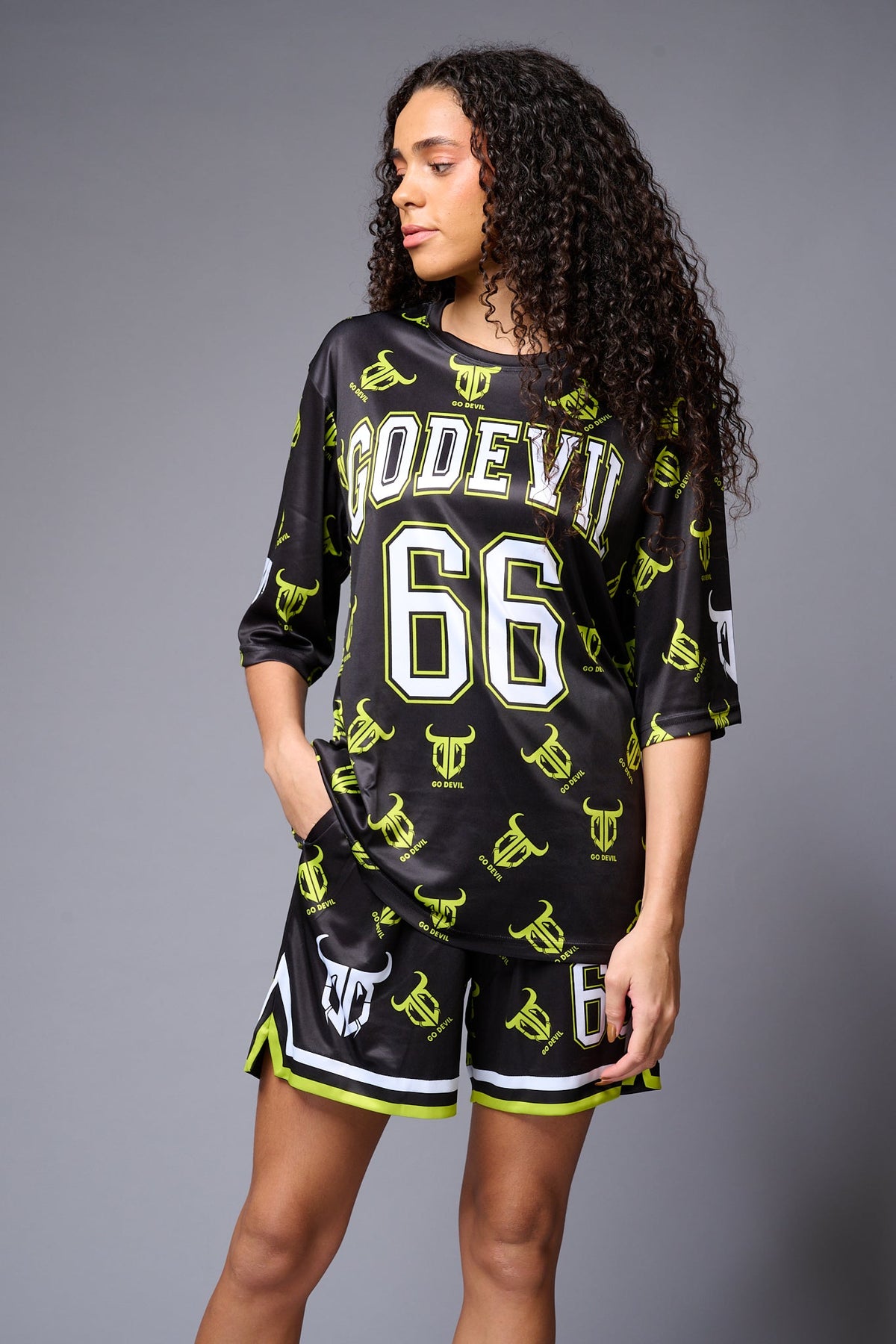 Go Devil 66 (in White) Printed Green & Black Co-ord Set for Women - Go Devil