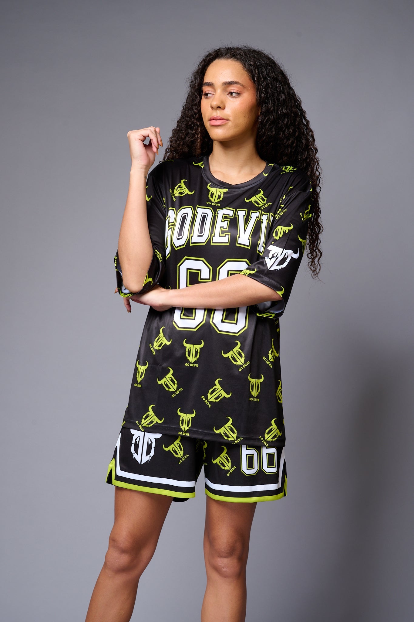 Go Devil 66 (in White) Printed Green & Black Co-ord Set for Women - Go Devil