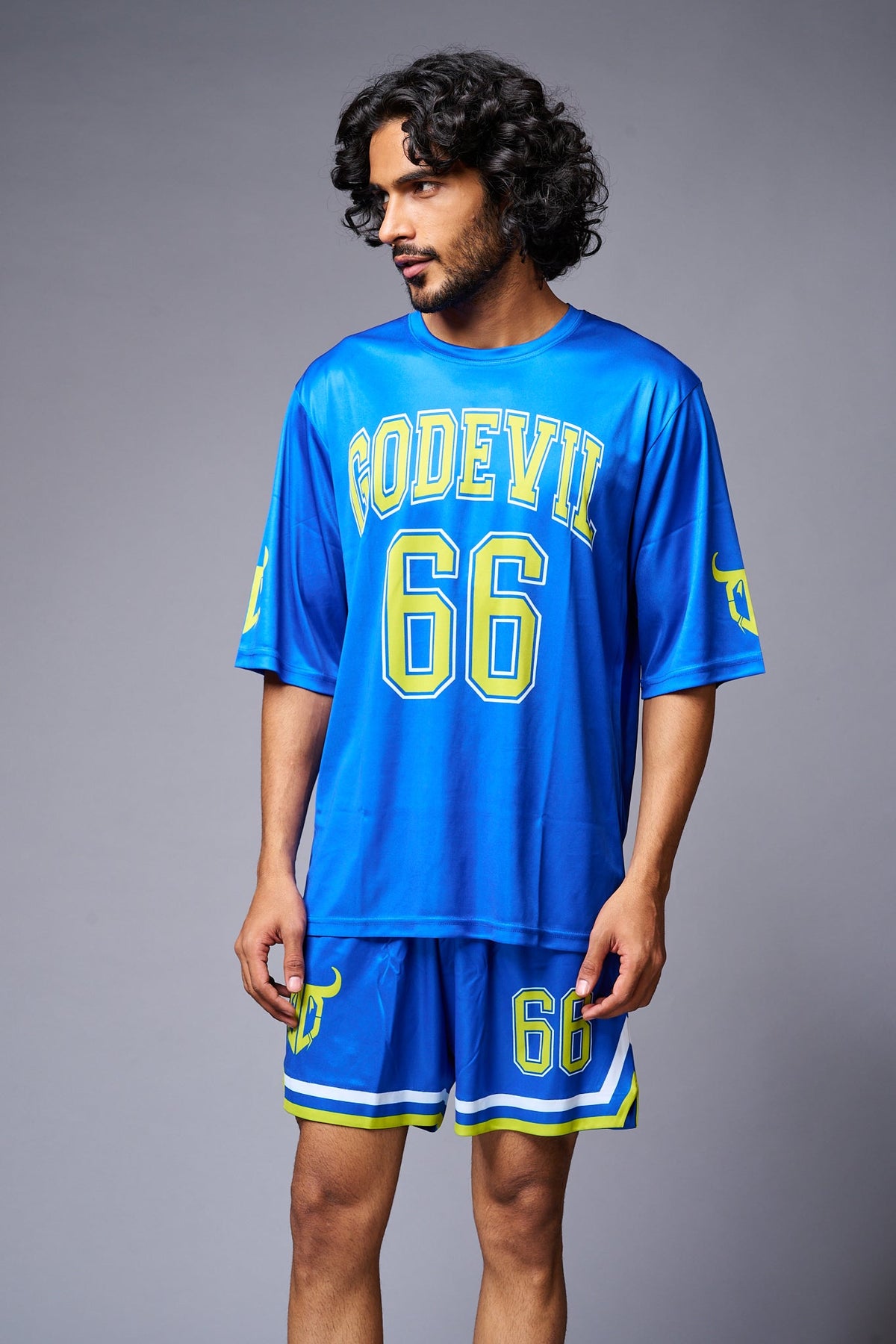 Go Devil 66 (in Yellow) Printed Blue Co-ord Set for Men - Go Devil