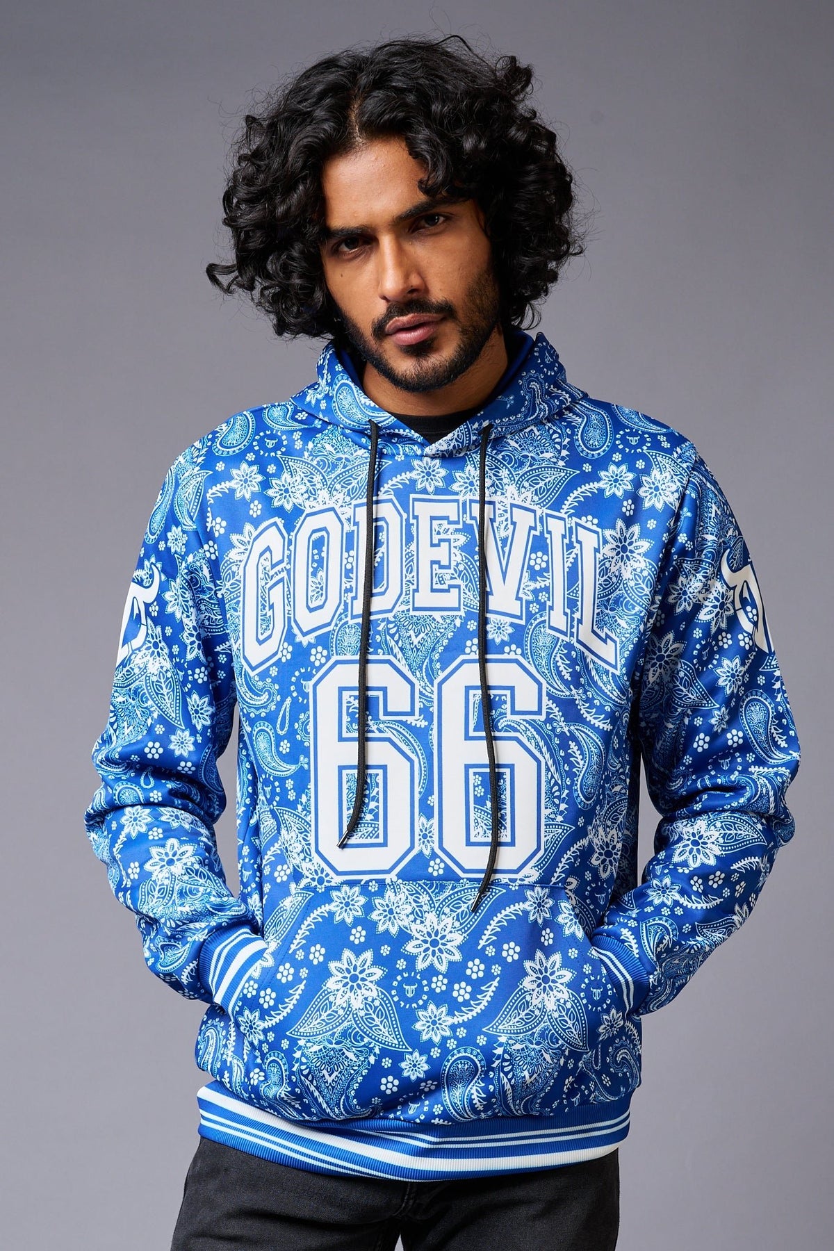 Go Devil 66 Paisely Design Printed Blue Hoodie for Men - Go Devil