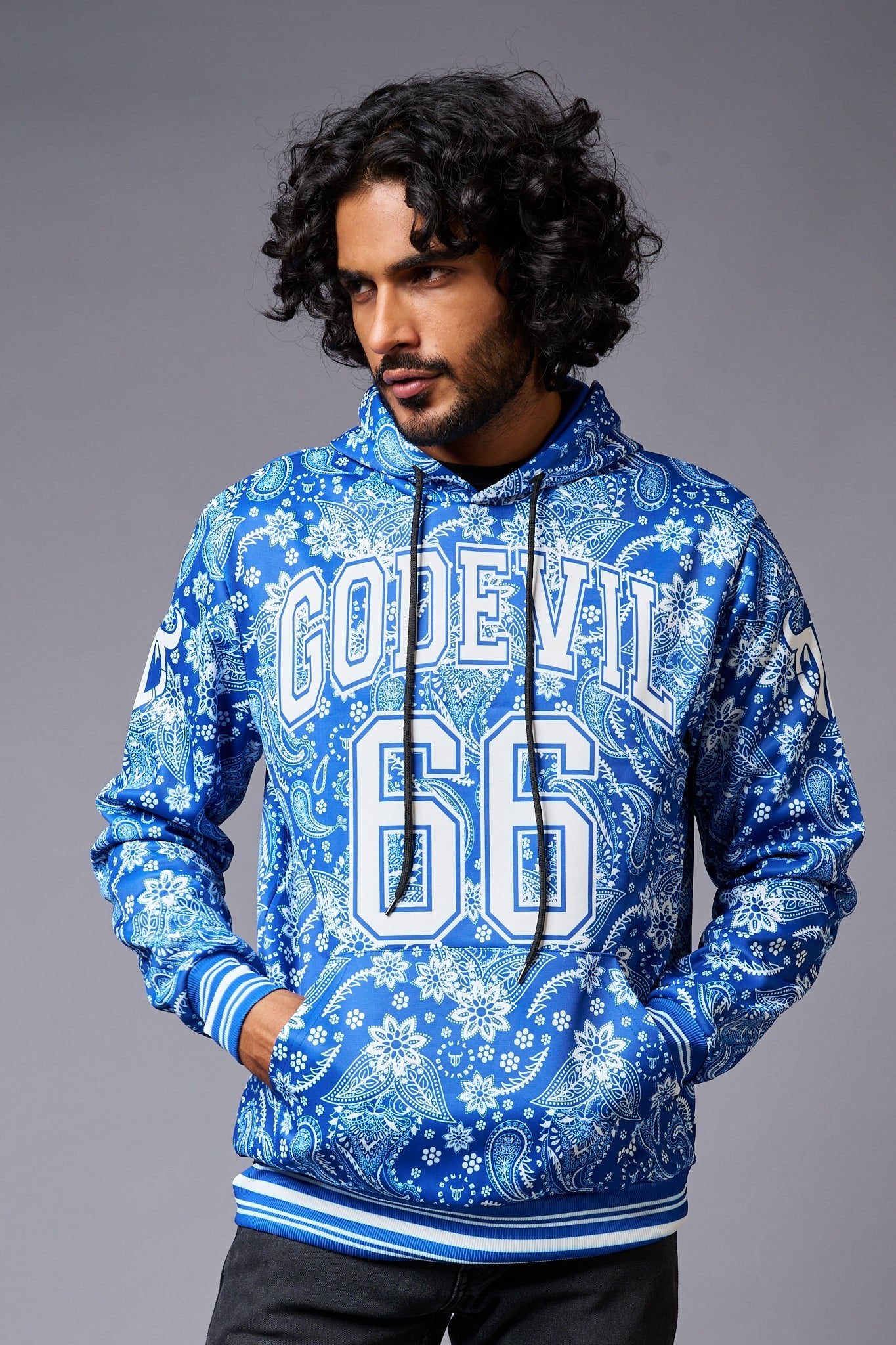 Go Devil 66 Paisely Design Printed Blue Hoodie for Men - Go Devil