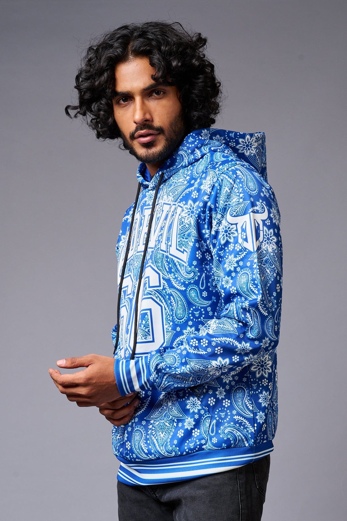 Go Devil 66 Paisely Design Printed Blue Hoodie for Men - Go Devil