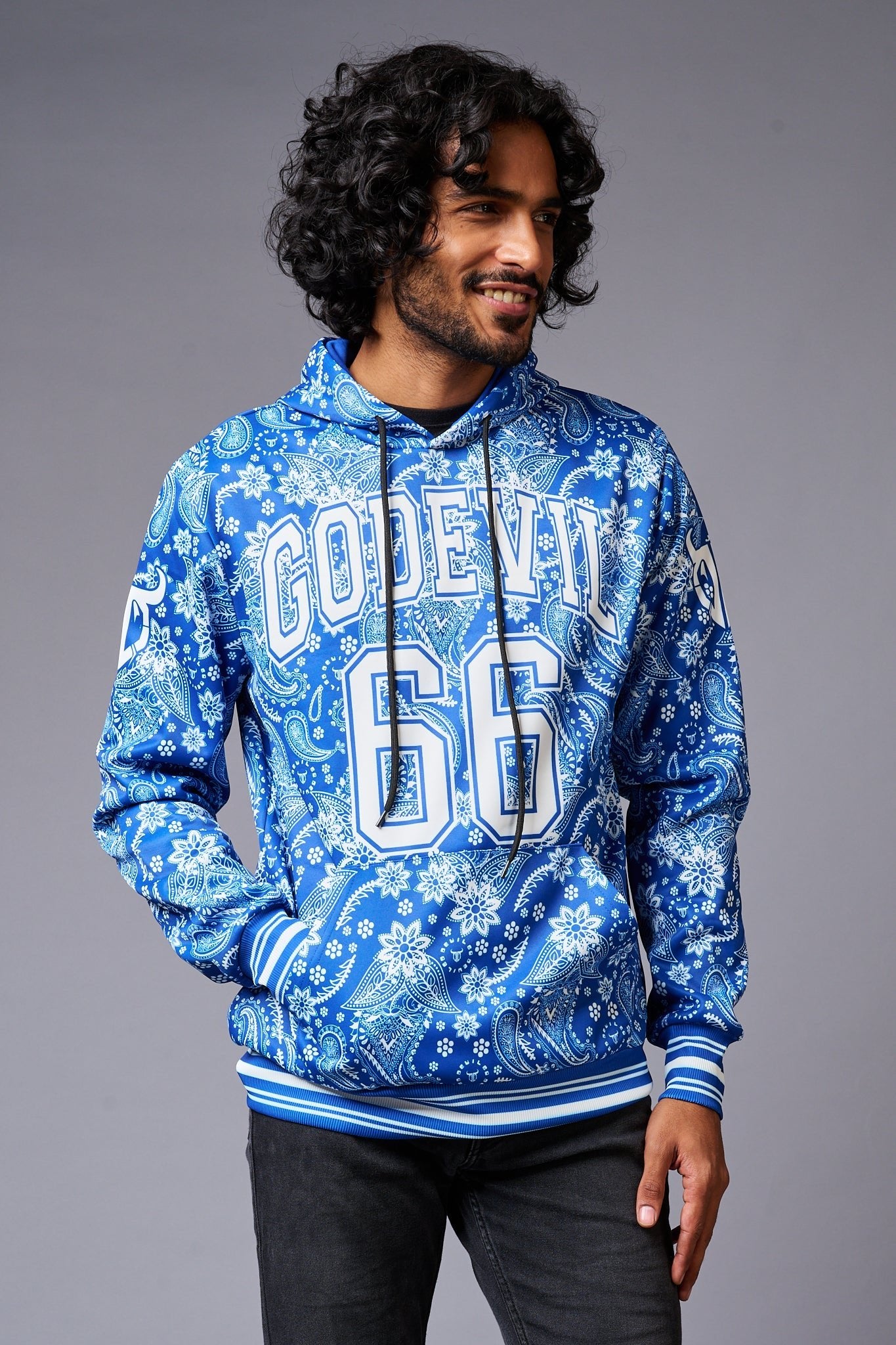 Go Devil 66 Paisely Design Printed Blue Hoodie for Men - Go Devil