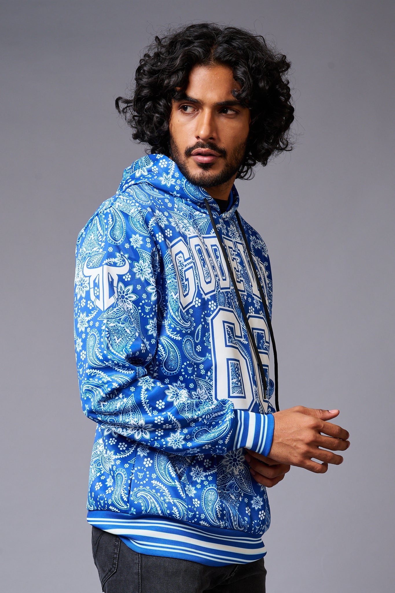 Go Devil 66 Paisely Design Printed Blue Hoodie for Men - Go Devil