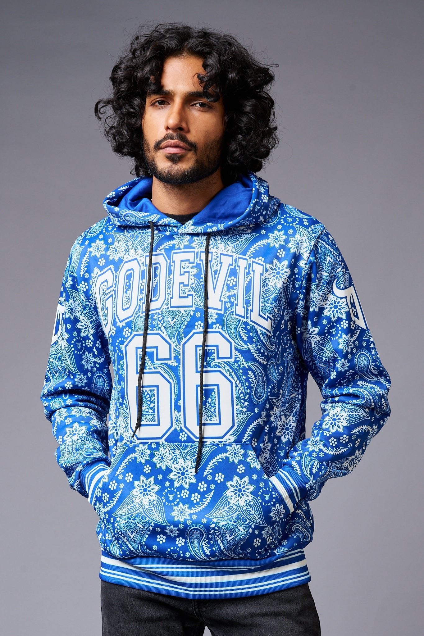 Go Devil 66 Paisely Design Printed Blue Hoodie for Men - Go Devil