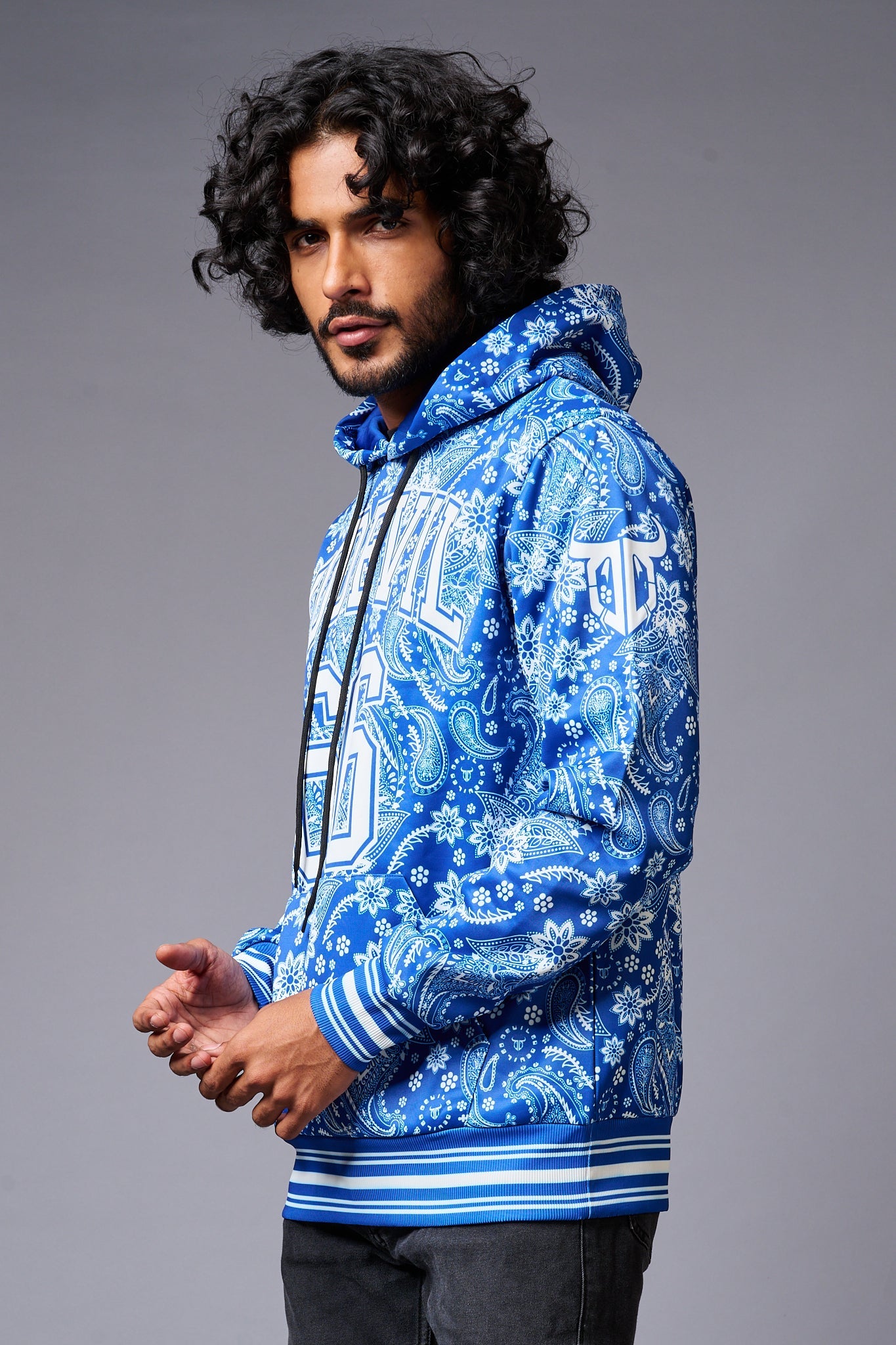 Go Devil 66 Paisely Design Printed Blue Hoodie for Men - Go Devil