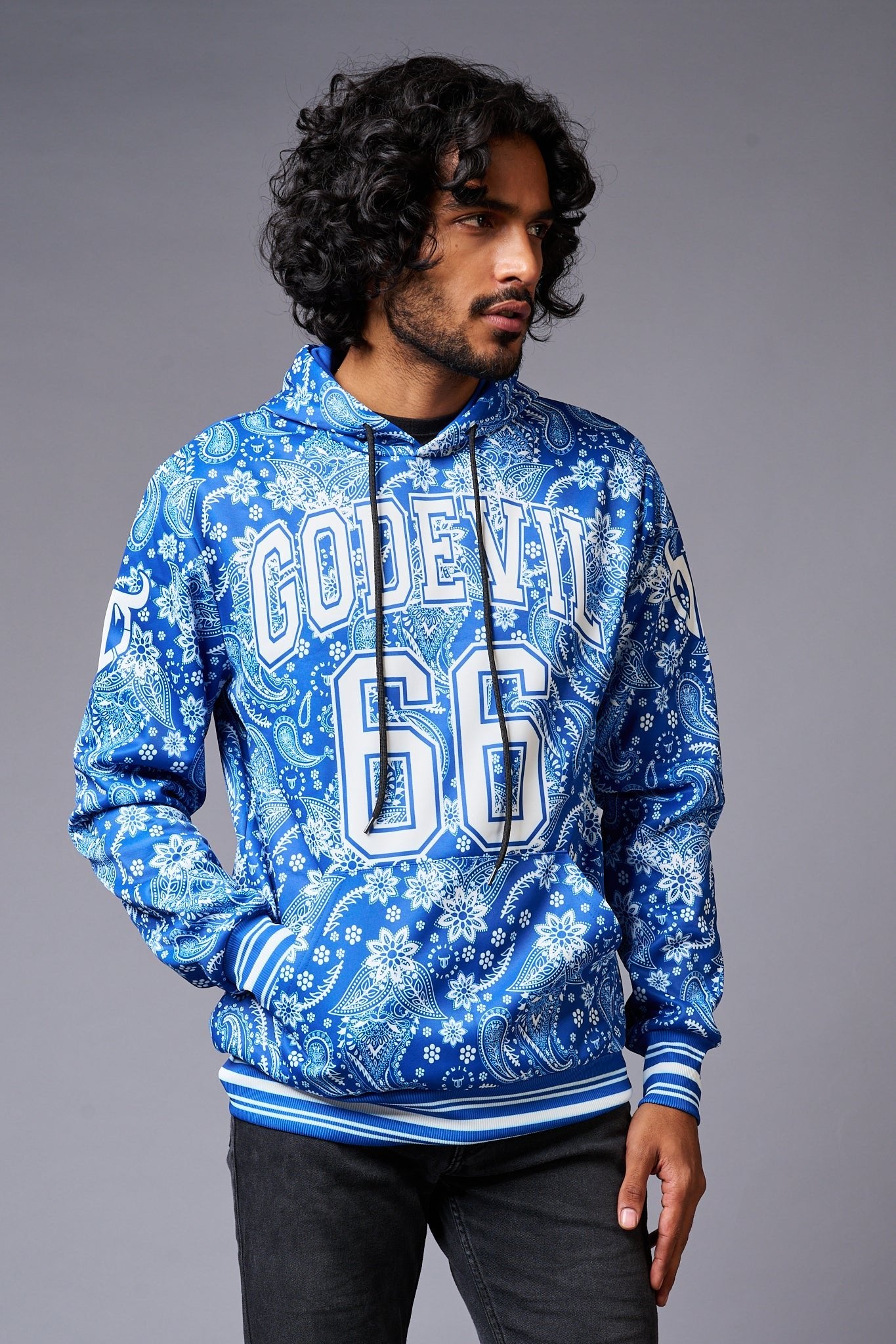 Go Devil 66 Paisely Design Printed Blue Hoodie for Men - Go Devil