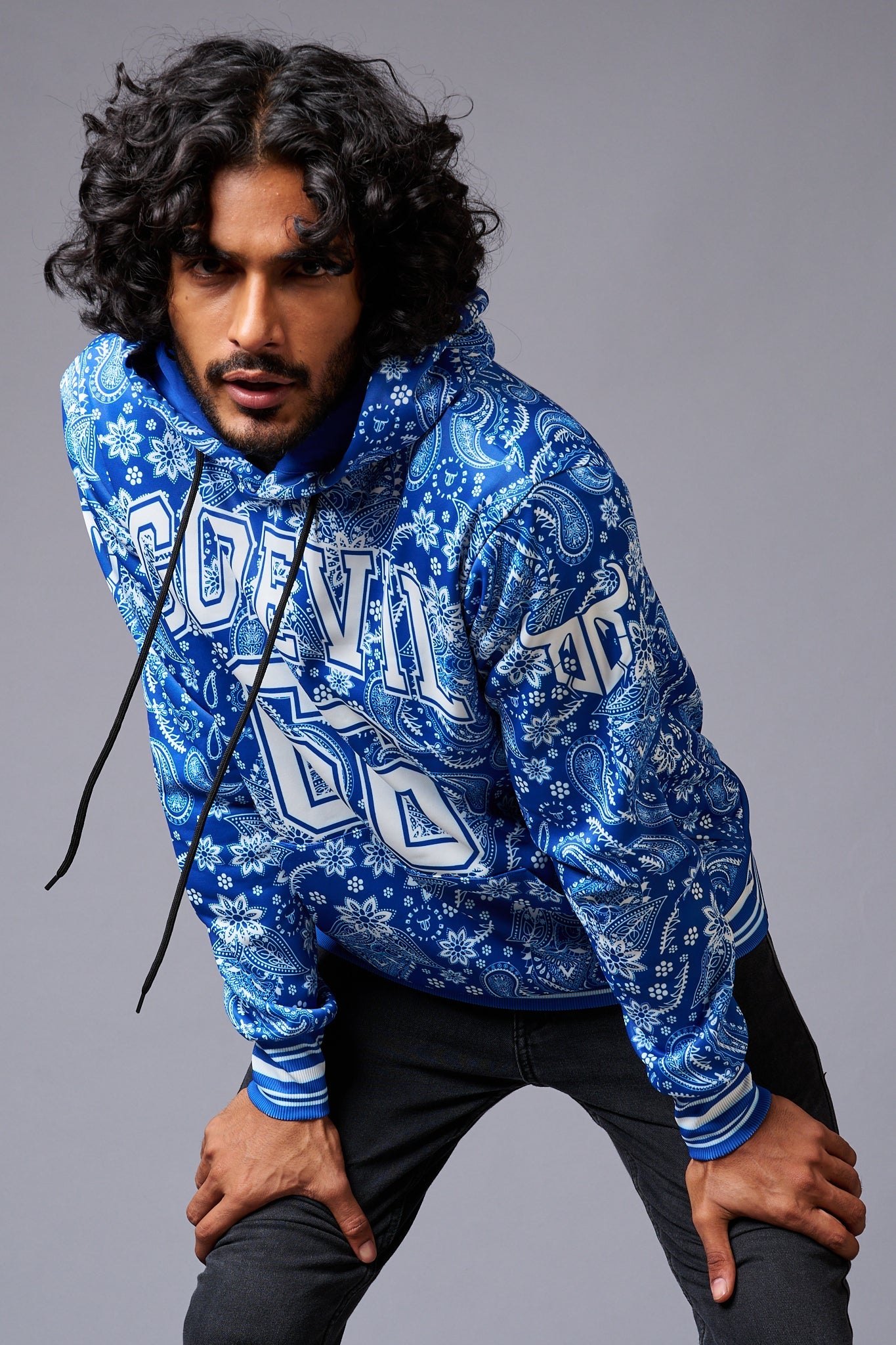 Go Devil 66 Paisely Design Printed Blue Hoodie for Men - Go Devil