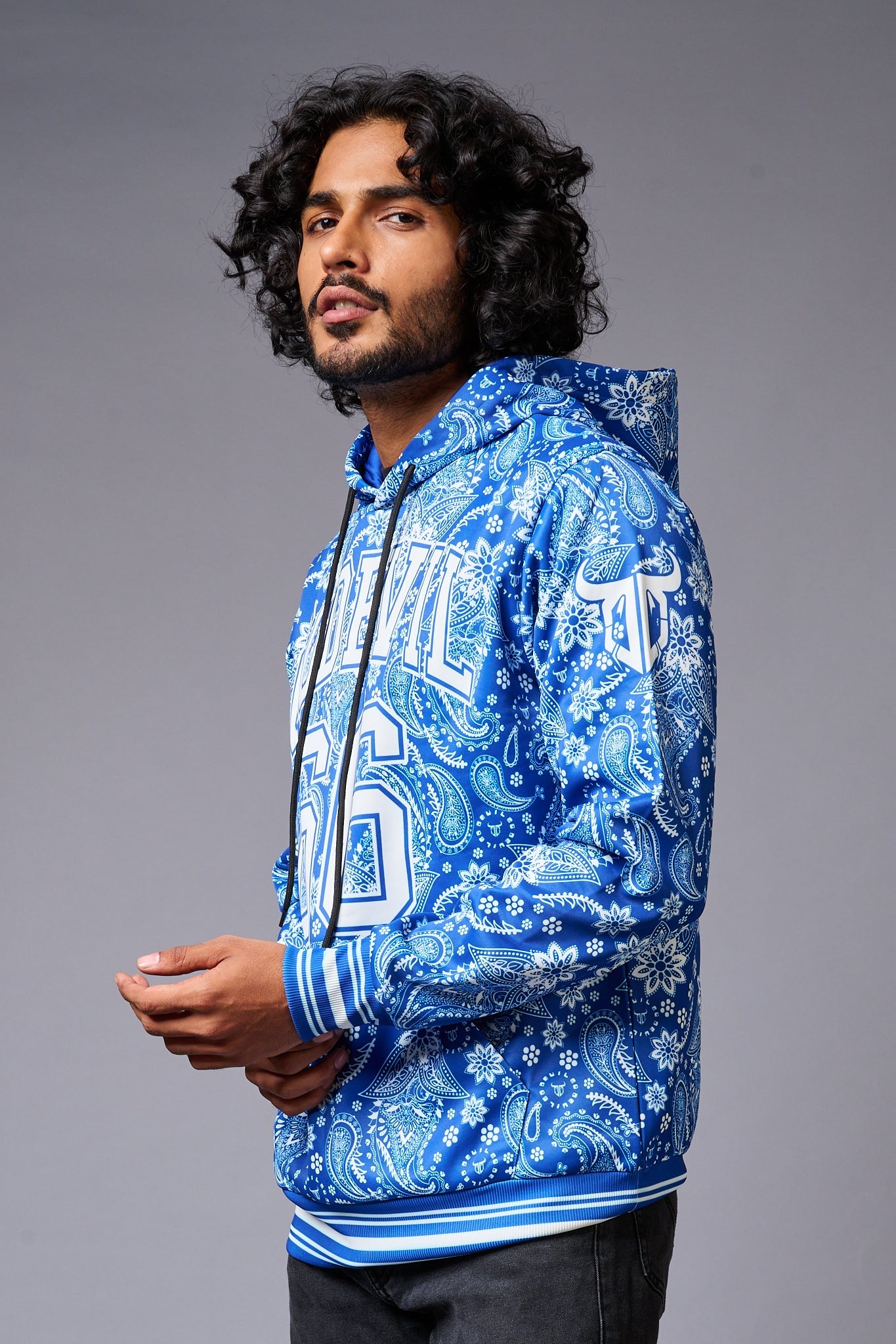 Go Devil 66 Paisely Design Printed Blue Hoodie for Men - Go Devil