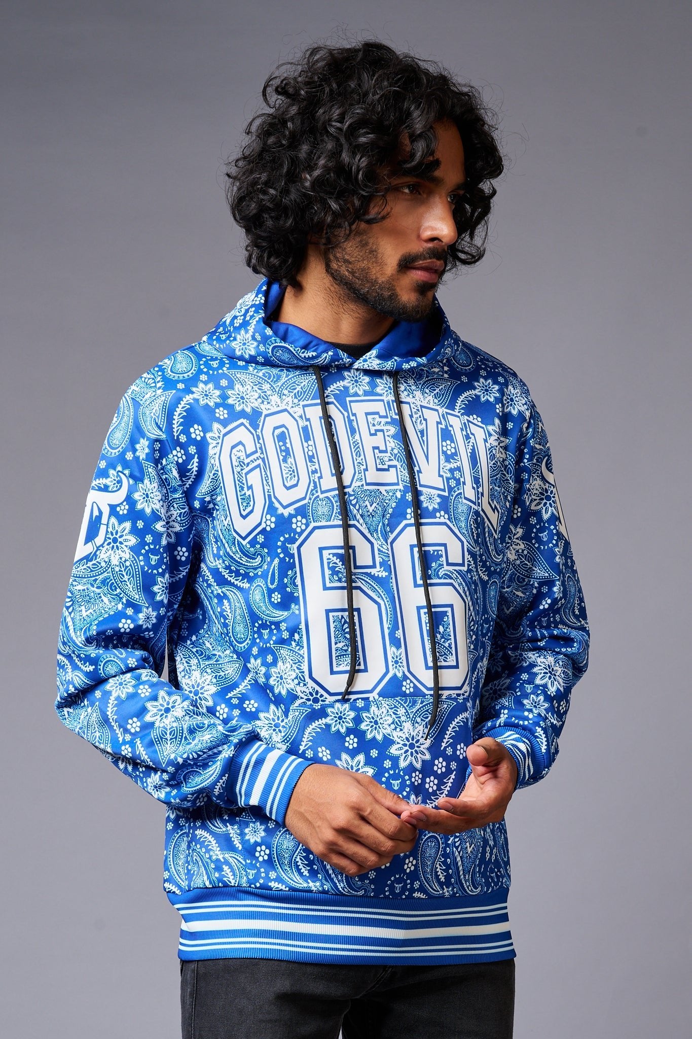 Go Devil 66 Paisely Design Printed Blue Hoodie for Men - Go Devil